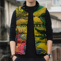 Personalized Jamaica Crocodile Sleeveless Puffer Jacket Tropical Flowers Grunge Flag - Wonder Print Shop