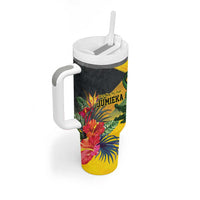 Personalized Jamaica Crocodile Tumbler With Handle Tropical Flowers Grunge Flag - Wonder Print Shop