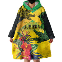 Personalized Jamaica Crocodile Wearable Blanket Hoodie Tropical Flowers Grunge Flag - Wonder Print Shop