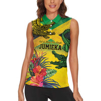 Personalized Jamaica Crocodile Women Sleeveless Polo Shirt Tropical Flowers Grunge Flag - Wonder Print Shop