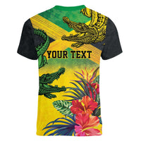 Personalized Jamaica Crocodile Women V-Neck T-Shirt Tropical Flowers Grunge Flag - Wonder Print Shop