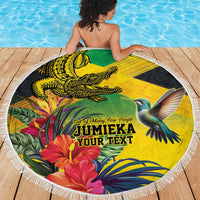 Personalized Jamaica Crocodile Hummingbird Beach Blanket Tropical Flowers Grunge Flag - Wonder Print Shop