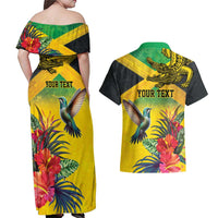 Personalized Jamaica Crocodile Hummingbird Couples Matching Off Shoulder Maxi Dress and Hawaiian Shirt Tropical Flowers Grunge Flag - Wonder Print Shop