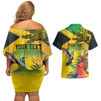Personalized Jamaica Crocodile Hummingbird Couples Matching Off Shoulder Short Dress and Hawaiian Shirt Tropical Flowers Grunge Flag - Wonder Print Shop