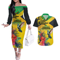 Personalized Jamaica Crocodile Hummingbird Couples Matching Off The Shoulder Long Sleeve Dress and Hawaiian Shirt Tropical Flowers Grunge Flag - Wonder Print Shop