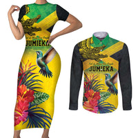 Personalized Jamaica Crocodile Hummingbird Couples Matching Short Sleeve Bodycon Dress and Long Sleeve Button Shirt Tropical Flowers Grunge Flag - Wonder Print Shop