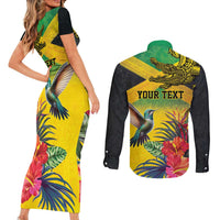 Personalized Jamaica Crocodile Hummingbird Couples Matching Short Sleeve Bodycon Dress and Long Sleeve Button Shirt Tropical Flowers Grunge Flag - Wonder Print Shop