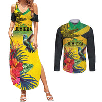 Personalized Jamaica Crocodile Hummingbird Couples Matching Summer Maxi Dress and Long Sleeve Button Shirt Tropical Flowers Grunge Flag - Wonder Print Shop