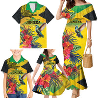 Personalized Jamaica Crocodile Hummingbird Family Matching Mermaid Dress and Hawaiian Shirt Tropical Flowers Grunge Flag - Wonder Print Shop
