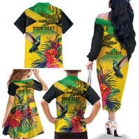 Personalized Jamaica Crocodile Hummingbird Family Matching Off The Shoulder Long Sleeve Dress and Hawaiian Shirt Tropical Flowers Grunge Flag - Wonder Print Shop