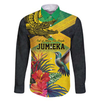 Personalized Jamaica Crocodile Hummingbird Family Matching Off The Shoulder Long Sleeve Dress and Hawaiian Shirt Tropical Flowers Grunge Flag - Wonder Print Shop