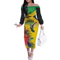 Personalized Jamaica Crocodile Hummingbird Family Matching Off The Shoulder Long Sleeve Dress and Hawaiian Shirt Tropical Flowers Grunge Flag - Wonder Print Shop