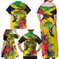Personalized Jamaica Crocodile Hummingbird Family Matching Off Shoulder Maxi Dress and Hawaiian Shirt Tropical Flowers Grunge Flag - Wonder Print Shop