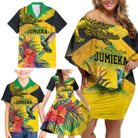 Personalized Jamaica Crocodile Hummingbird Family Matching Off Shoulder Short Dress and Hawaiian Shirt Tropical Flowers Grunge Flag - Wonder Print Shop