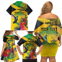 Personalized Jamaica Crocodile Hummingbird Family Matching Off Shoulder Short Dress and Hawaiian Shirt Tropical Flowers Grunge Flag - Wonder Print Shop