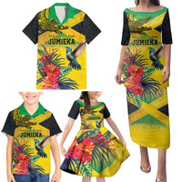 Personalized Jamaica Crocodile Hummingbird Family Matching Puletasi and Hawaiian Shirt Tropical Flowers Grunge Flag - Wonder Print Shop