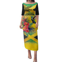 Personalized Jamaica Crocodile Hummingbird Family Matching Puletasi and Hawaiian Shirt Tropical Flowers Grunge Flag - Wonder Print Shop