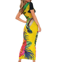 Personalized Jamaica Crocodile Hummingbird Family Matching Short Sleeve Bodycon Dress and Hawaiian Shirt Tropical Flowers Grunge Flag - Wonder Print Shop