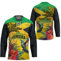 Personalized Jamaica Crocodile Hummingbird Hockey Jersey Tropical Flowers Grunge Flag - Wonder Print Shop
