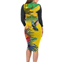 Personalized Jamaica Crocodile Hummingbird Long Sleeve Bodycon Dress Tropical Flowers Grunge Flag - Wonder Print Shop