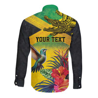 Personalized Jamaica Crocodile Hummingbird Long Sleeve Button Shirt Tropical Flowers Grunge Flag - Wonder Print Shop
