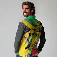 Personalized Jamaica Crocodile Hummingbird Long Sleeve Polo Shirt Tropical Flowers Grunge Flag - Wonder Print Shop