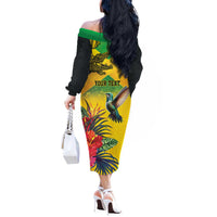 Personalized Jamaica Crocodile Hummingbird Off The Shoulder Long Sleeve Dress Tropical Flowers Grunge Flag - Wonder Print Shop