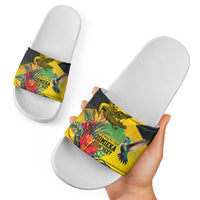 Personalized Jamaica Crocodile Hummingbird Slide Sandals Tropical Flowers Grunge Flag - Wonder Print Shop