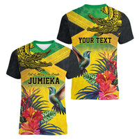 Personalized Jamaica Crocodile Hummingbird Women V-Neck T-Shirt Tropical Flowers Grunge Flag - Wonder Print Shop