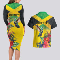 Personalized Jamaica Hummingbird Couples Matching Long Sleeve Bodycon Dress and Hawaiian Shirt Tropical Flowers Grunge Flag - Wonder Print Shop