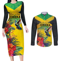 Personalized Jamaica Hummingbird Couples Matching Long Sleeve Bodycon Dress and Long Sleeve Button Shirt Tropical Flowers Grunge Flag - Wonder Print Shop