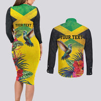 Personalized Jamaica Hummingbird Couples Matching Long Sleeve Bodycon Dress and Long Sleeve Button Shirt Tropical Flowers Grunge Flag - Wonder Print Shop