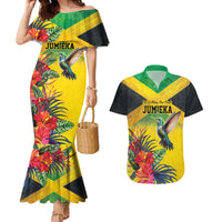 Personalized Jamaica Hummingbird Couples Matching Mermaid Dress and Hawaiian Shirt Tropical Flowers Grunge Flag - Wonder Print Shop