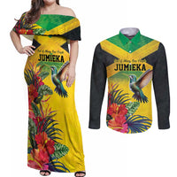 Personalized Jamaica Hummingbird Couples Matching Off Shoulder Maxi Dress and Long Sleeve Button Shirt Tropical Flowers Grunge Flag - Wonder Print Shop