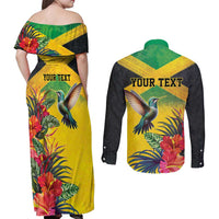 Personalized Jamaica Hummingbird Couples Matching Off Shoulder Maxi Dress and Long Sleeve Button Shirt Tropical Flowers Grunge Flag - Wonder Print Shop