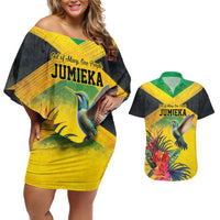 Personalized Jamaica Hummingbird Couples Matching Off Shoulder Short Dress and Hawaiian Shirt Tropical Flowers Grunge Flag - Wonder Print Shop