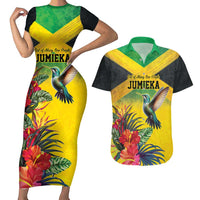 Personalized Jamaica Hummingbird Couples Matching Short Sleeve Bodycon Dress and Hawaiian Shirt Tropical Flowers Grunge Flag - Wonder Print Shop