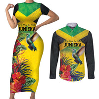 Personalized Jamaica Hummingbird Couples Matching Short Sleeve Bodycon Dress and Long Sleeve Button Shirt Tropical Flowers Grunge Flag - Wonder Print Shop
