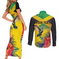 Personalized Jamaica Hummingbird Couples Matching Short Sleeve Bodycon Dress and Long Sleeve Button Shirt Tropical Flowers Grunge Flag - Wonder Print Shop