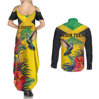 Personalized Jamaica Hummingbird Couples Matching Summer Maxi Dress and Long Sleeve Button Shirt Tropical Flowers Grunge Flag - Wonder Print Shop