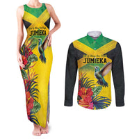Personalized Jamaica Hummingbird Couples Matching Tank Maxi Dress and Long Sleeve Button Shirt Tropical Flowers Grunge Flag - Wonder Print Shop