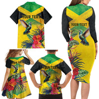 Personalized Jamaica Hummingbird Family Matching Long Sleeve Bodycon Dress and Hawaiian Shirt Tropical Flowers Grunge Flag - Wonder Print Shop