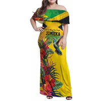 Personalized Jamaica Hummingbird Family Matching Off Shoulder Maxi Dress and Hawaiian Shirt Tropical Flowers Grunge Flag - Wonder Print Shop