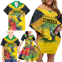 Personalized Jamaica Hummingbird Family Matching Off Shoulder Short Dress and Hawaiian Shirt Tropical Flowers Grunge Flag - Wonder Print Shop