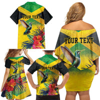 Personalized Jamaica Hummingbird Family Matching Off Shoulder Short Dress and Hawaiian Shirt Tropical Flowers Grunge Flag - Wonder Print Shop