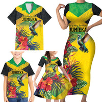 Personalized Jamaica Hummingbird Family Matching Short Sleeve Bodycon Dress and Hawaiian Shirt Tropical Flowers Grunge Flag - Wonder Print Shop