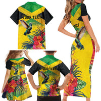 Personalized Jamaica Hummingbird Family Matching Short Sleeve Bodycon Dress and Hawaiian Shirt Tropical Flowers Grunge Flag - Wonder Print Shop