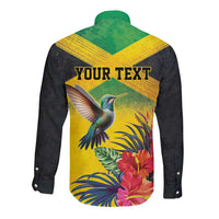 Personalized Jamaica Hummingbird Long Sleeve Button Shirt Tropical Flowers Grunge Flag - Wonder Print Shop