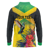 Personalized Jamaica Hummingbird Long Sleeve Polo Shirt Tropical Flowers Grunge Flag - Wonder Print Shop