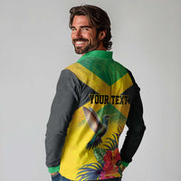 Personalized Jamaica Hummingbird Long Sleeve Polo Shirt Tropical Flowers Grunge Flag - Wonder Print Shop